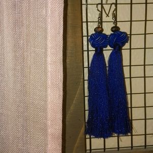 Dark Blue Knot and Fringe Tassel Earrings - 5in